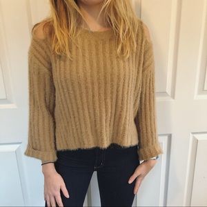 Tan Cold Shoulder Fuzzy Sweater
